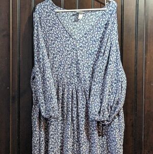 Ava & Viv 2X Long Sleeve Blue Floral Dress Balloon Sleeve, Pockets, Cottagecore